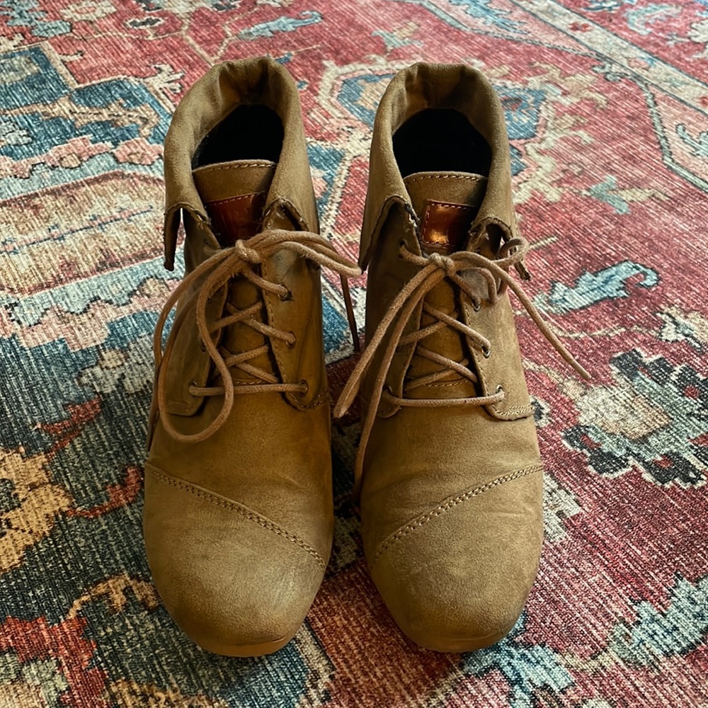 Tan Lace Up Wedge Ankle Booties - Size 8